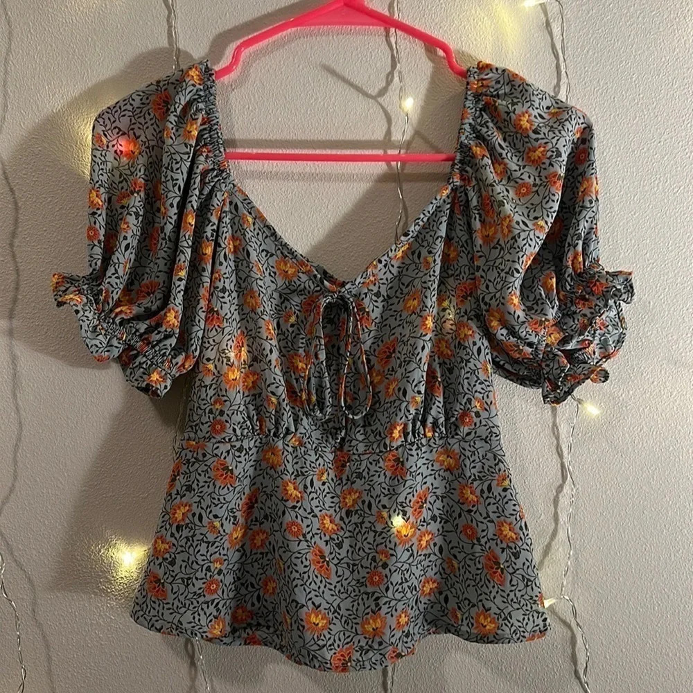 Sienna Sky Floral Print Puff Sleeve Peplum Top, Open Back w Tie​​​​​​​​​​